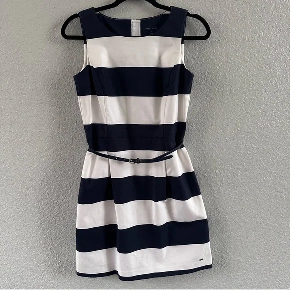 Tommy Hilfiger Navy White Striped Boat Neck Sheath Dress Belted Size 0 Nautica - Picture 2 of 11